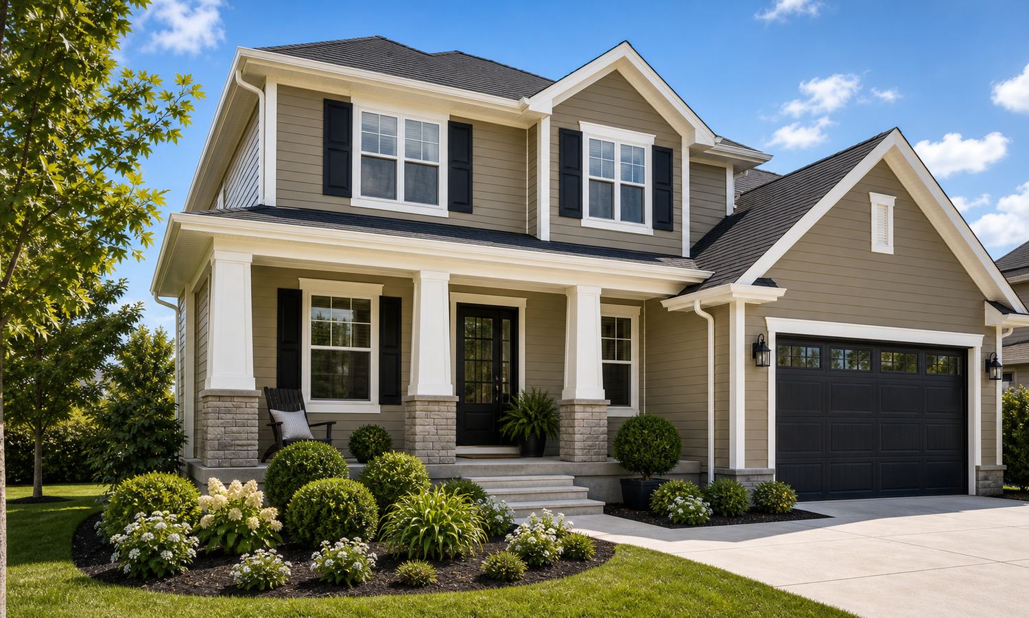 House exterior painted warm khaki taupe