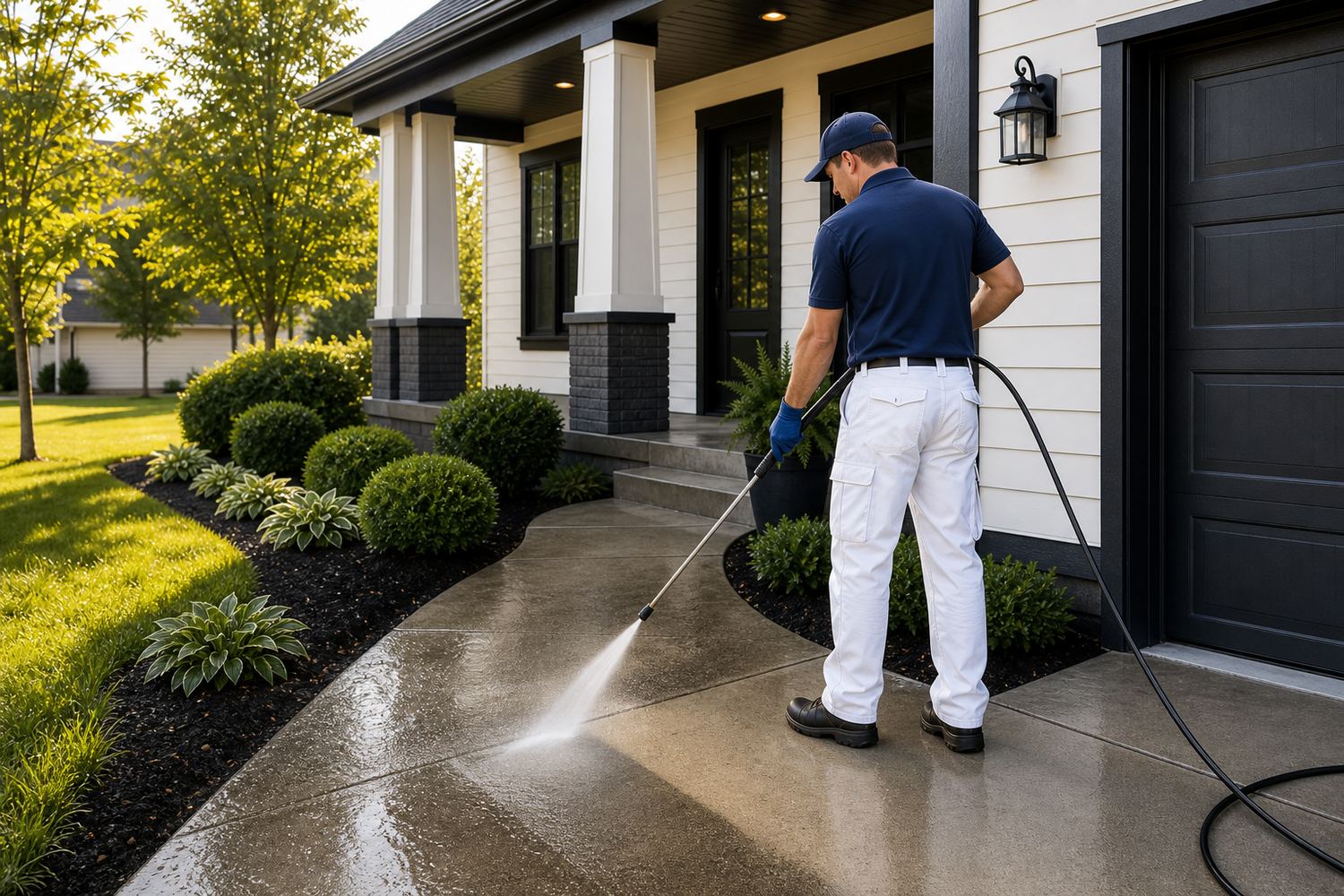 Power washing a concrete walkway