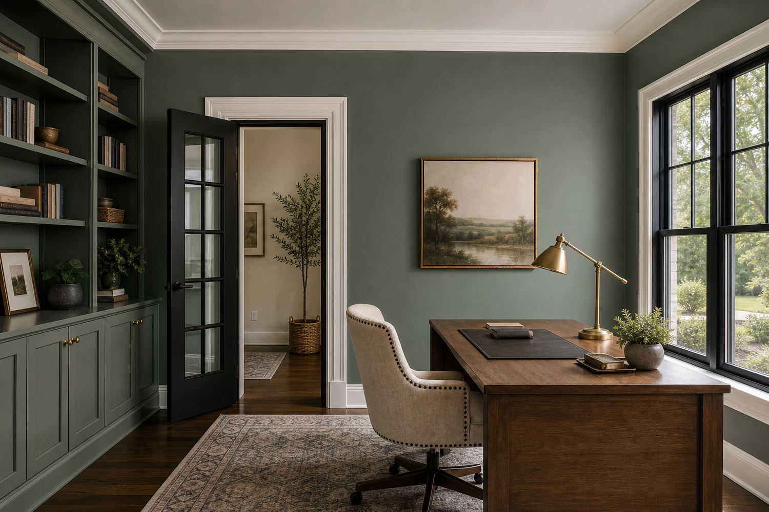 Home office painted smoky jade green