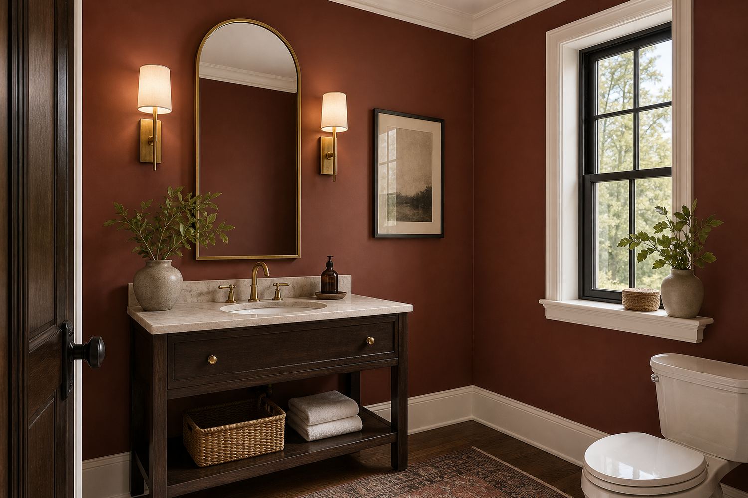 Interior room painted warm mahogany clay red