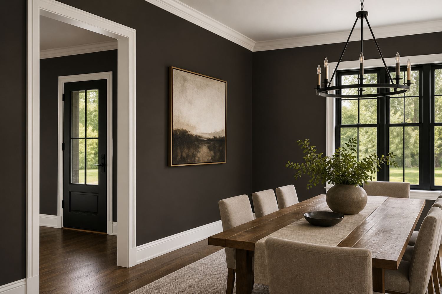 Dining room painted in deep espresso charcoal