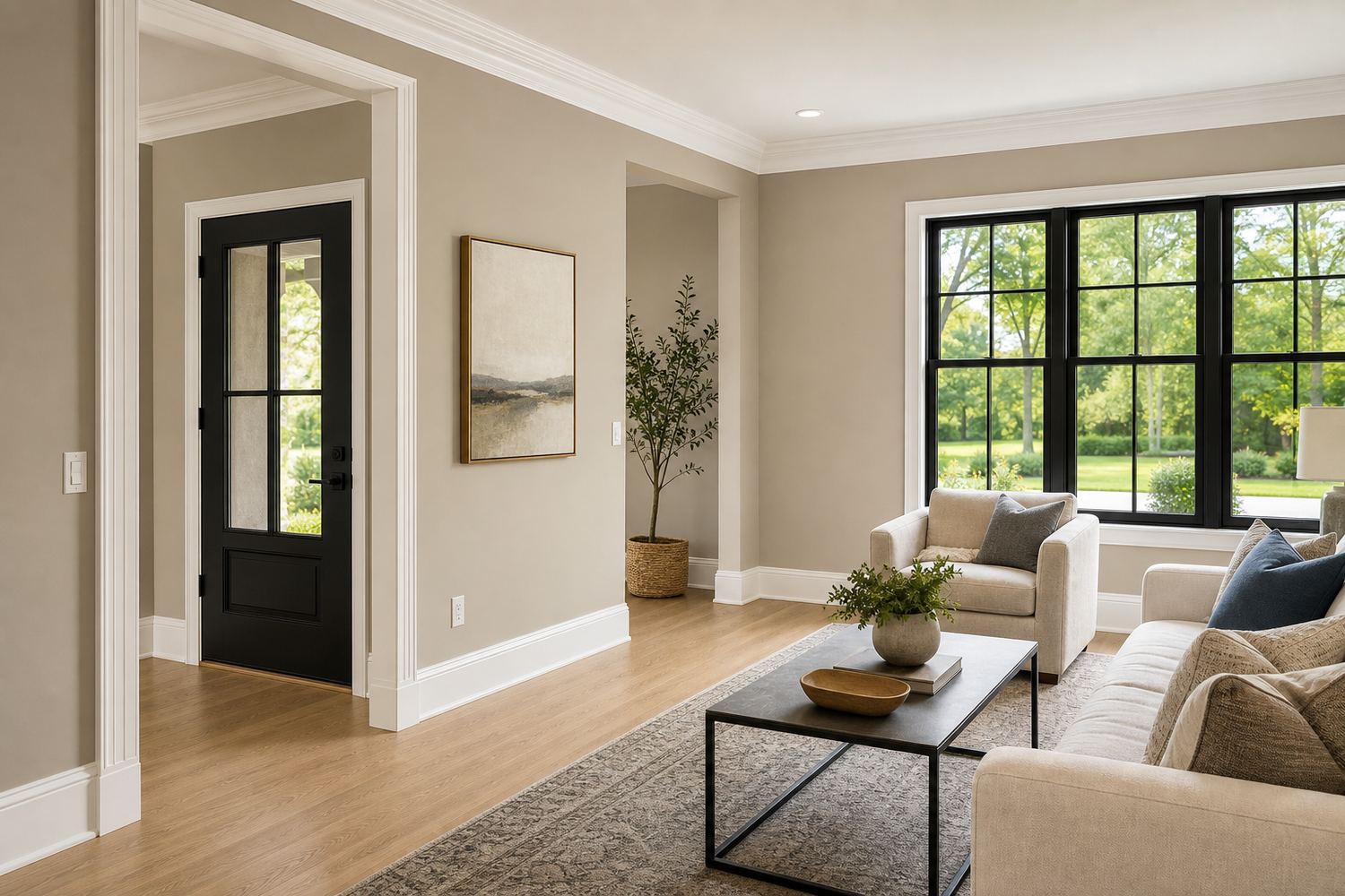 Living room painted in warm khaki neutral