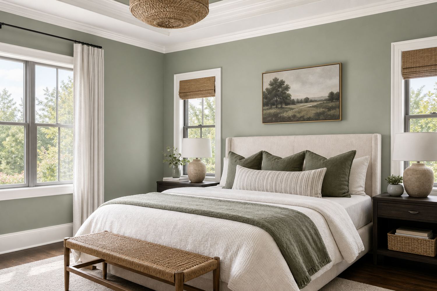 Bedroom painted muted eucalyptus green