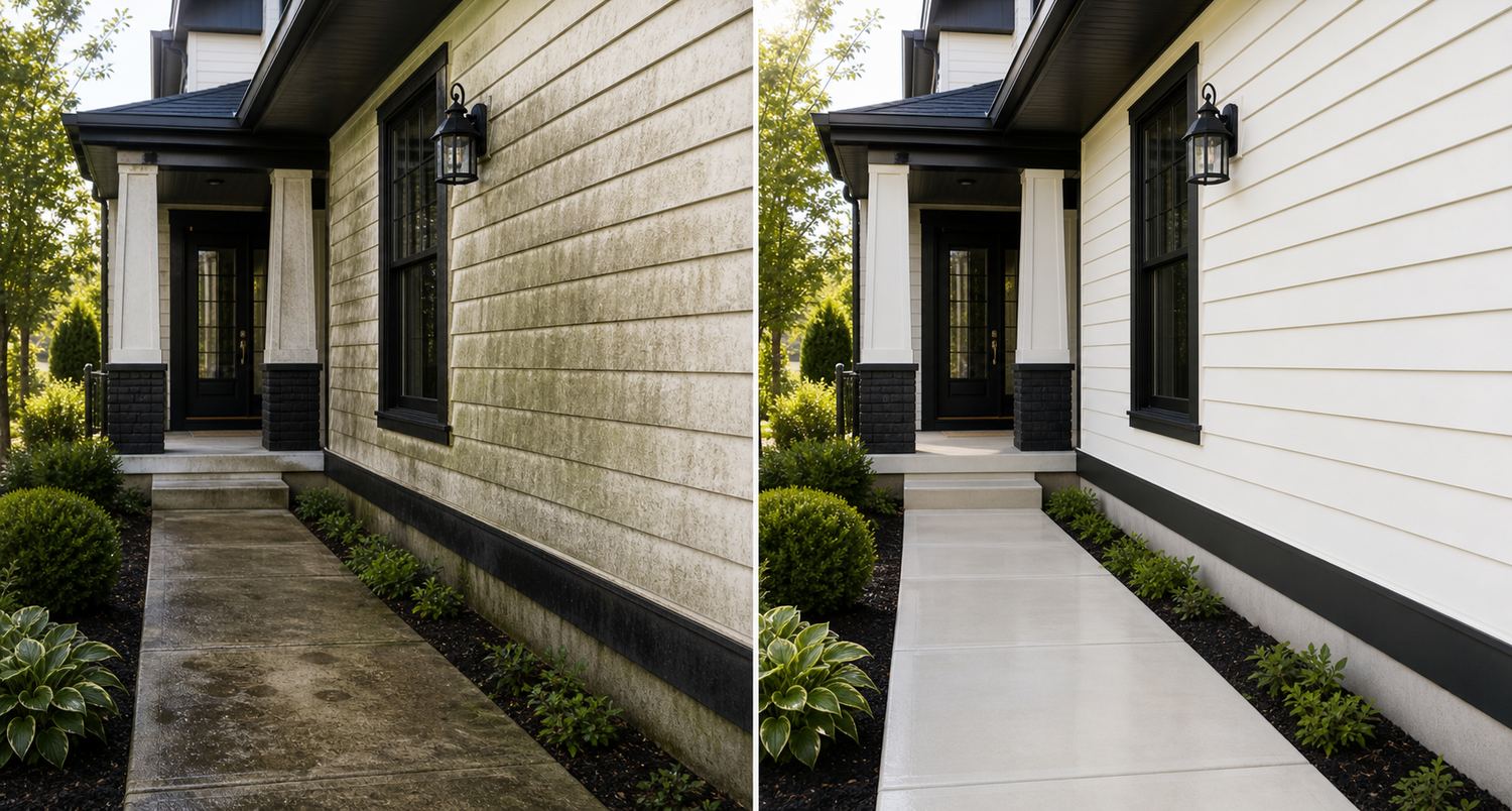 Before and after exterior washing result on house siding and walkway