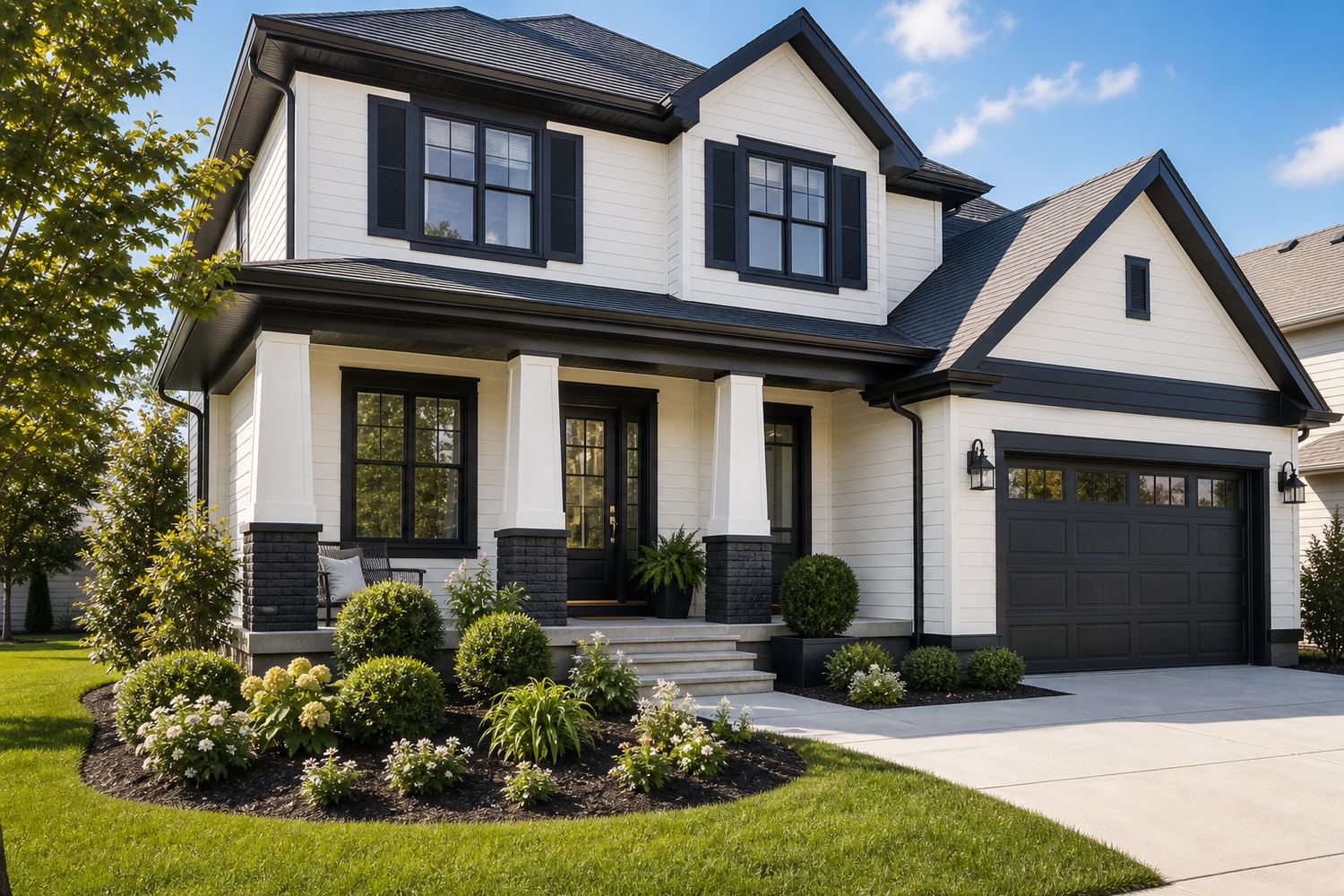 Completed exterior painting project with fresh siding and trim