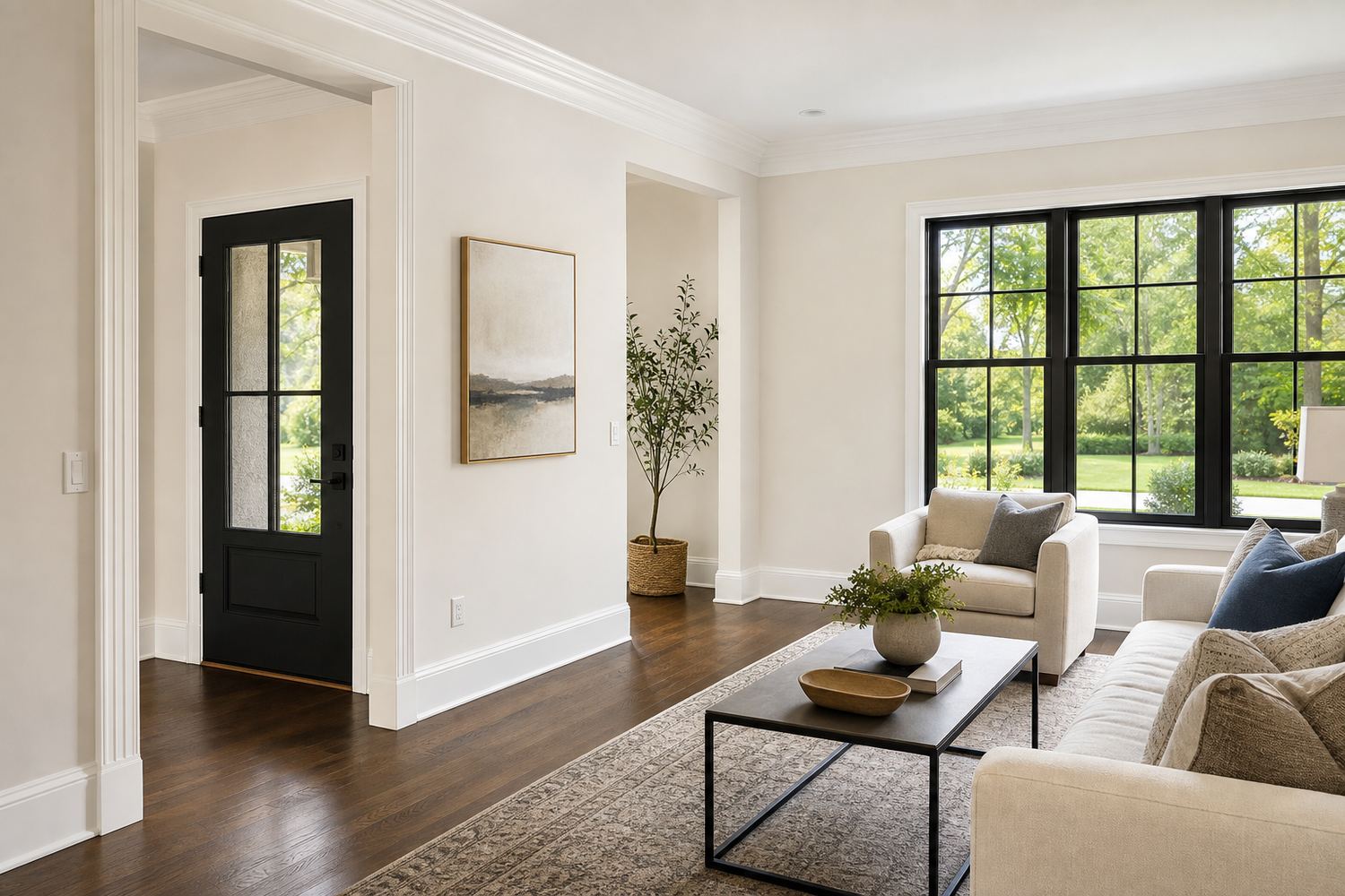 Completed interior painting project with freshly painted walls and trim