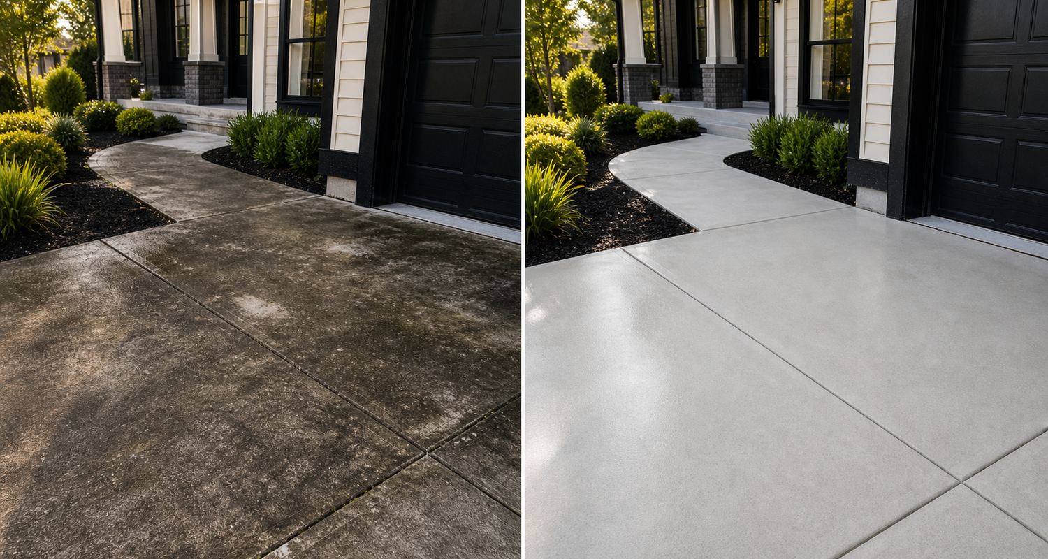 Before and after power washing on driveway and walkway concrete