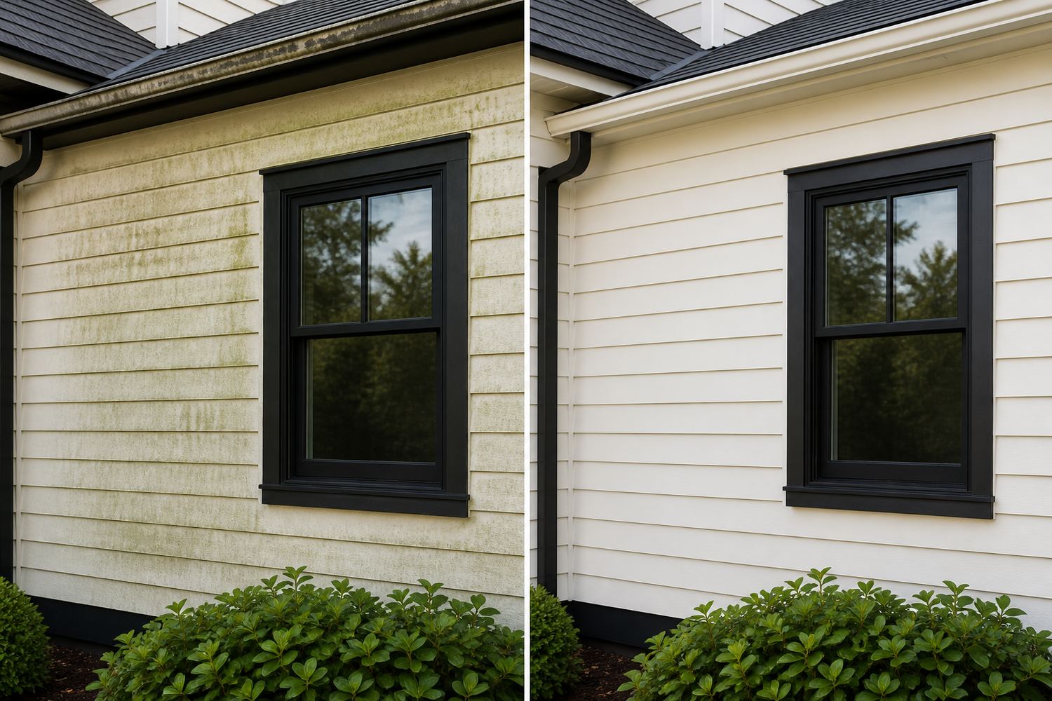 Before and after soft washing on siding and trim