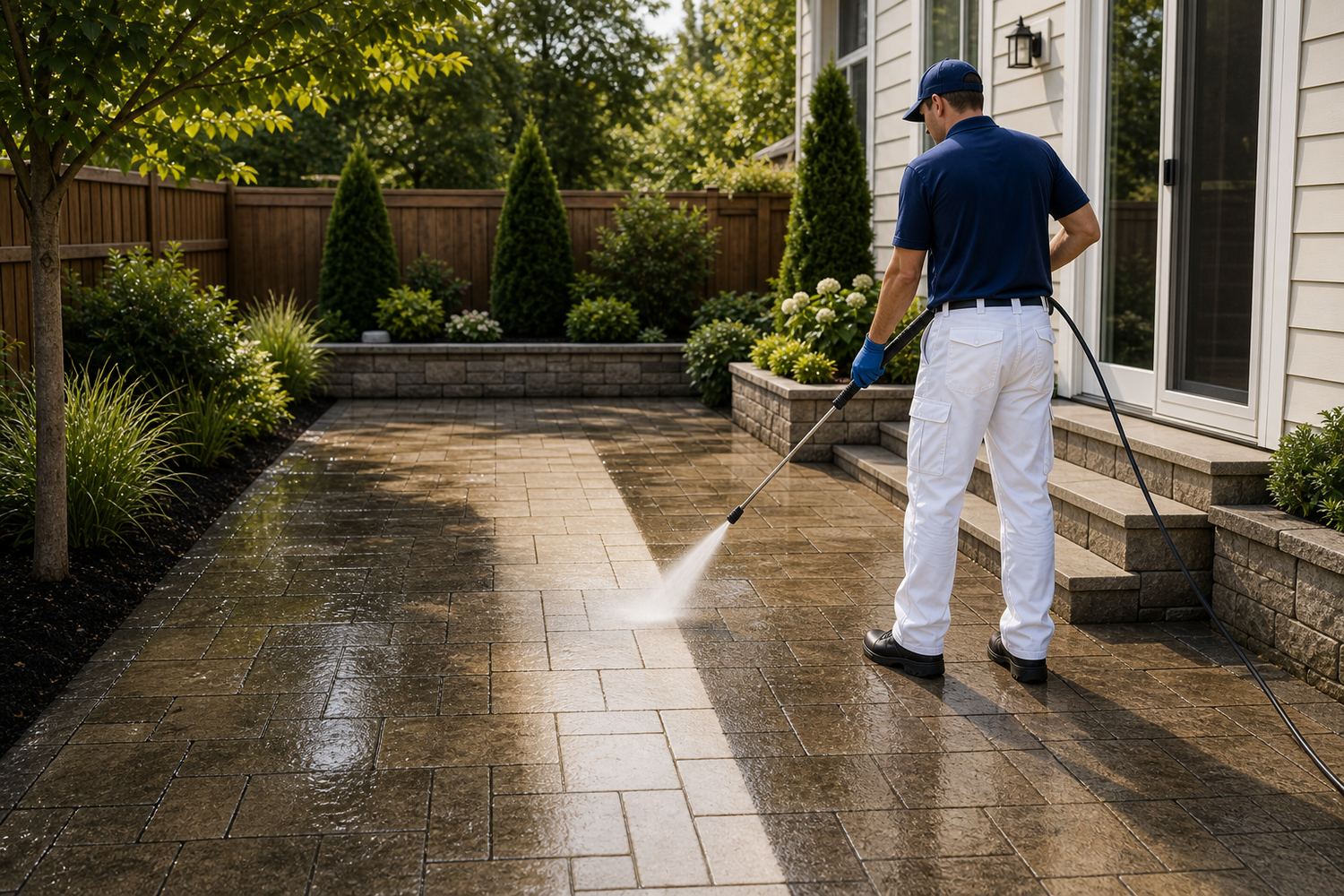 Power washing backyard patio or deck